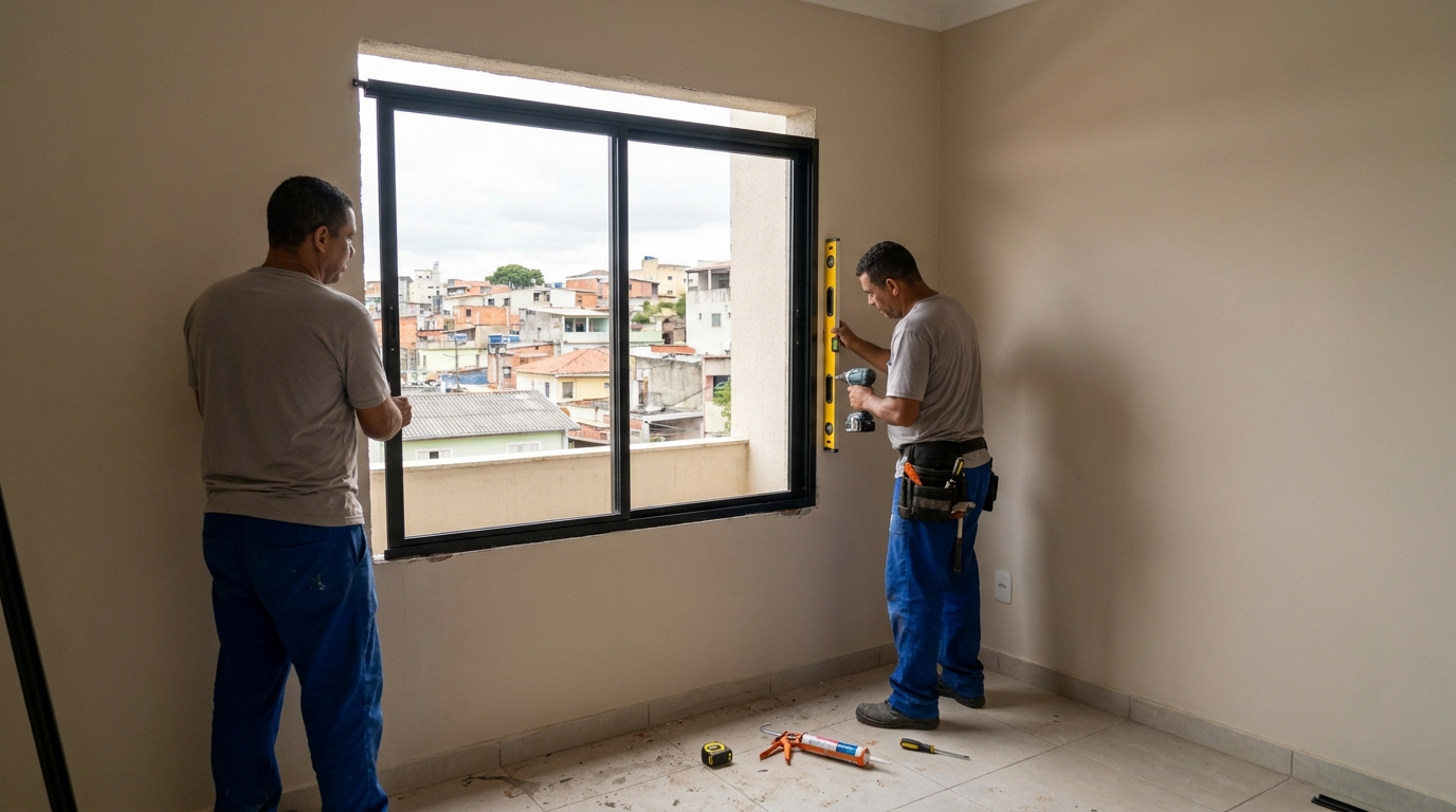 Esquadria de alumínio em quarto bege em Olinda-PE