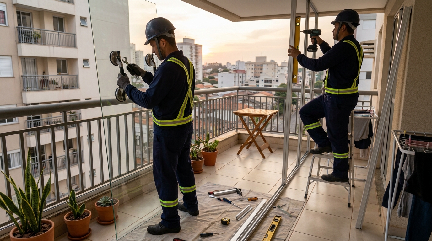 Instalação de parede de vidro em sacada em Olinda-PE
