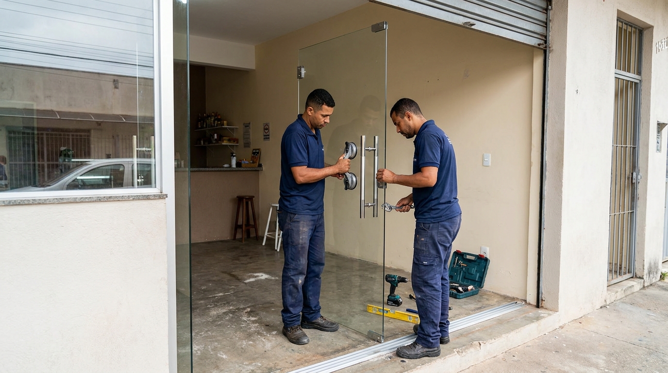 Dupla instalando porta de vidro em loja em Olinda-PE
